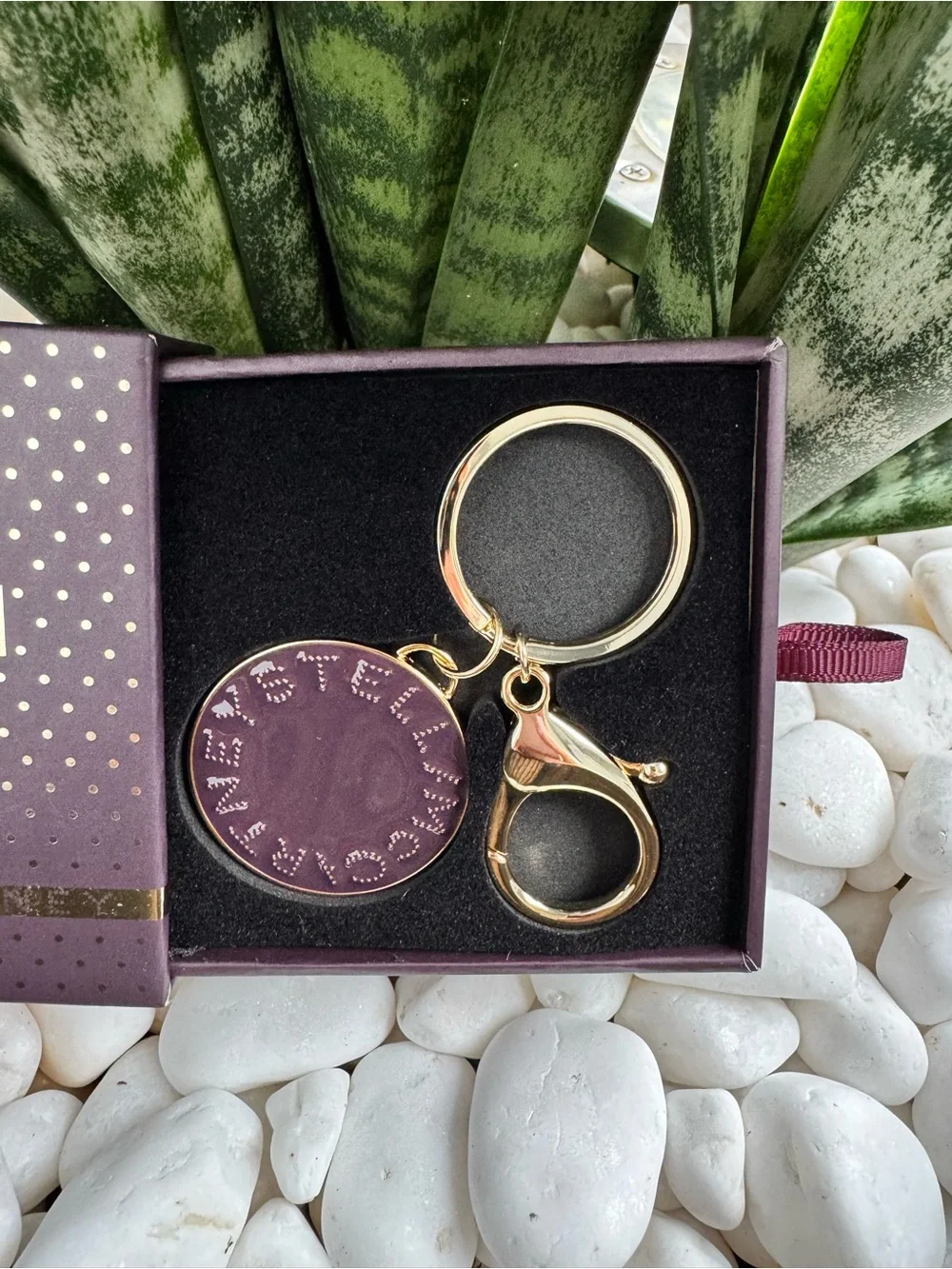 Stella McCartney Plum Logo Keychain Bag Charm Gold Tone NIB